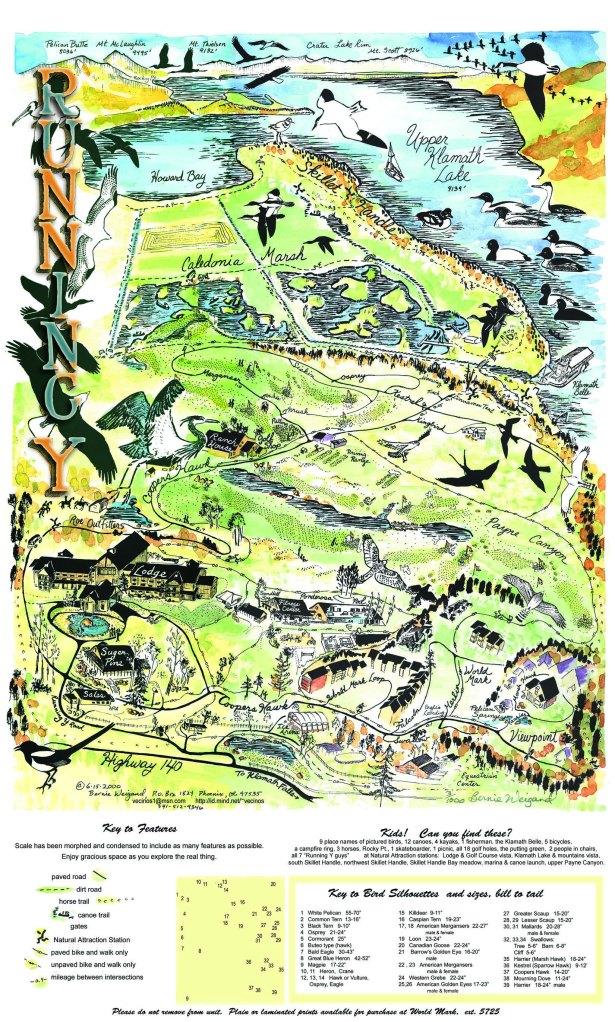 "Running Y" ~original 20"x 28", pen & brush ink on paper collage. One of the 1000-print limited edition was hand painted, scanned, and re-painted and assembled in Photoshop. Three years later additions and changes were made to reflect reality. The black and white 11x17" version was for a free handout for Lodge guests to visually orient them to the 6,000 acres surrounding them.